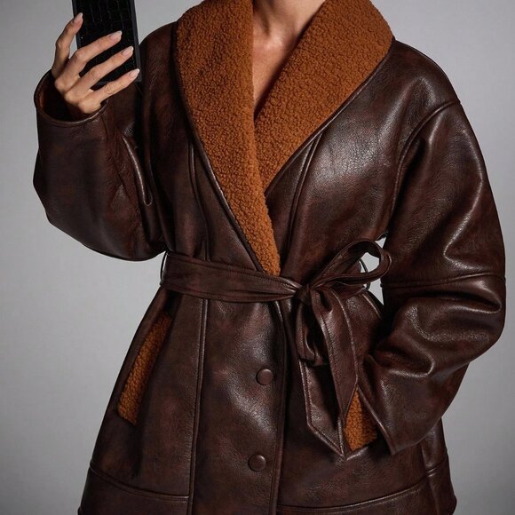 Coffee Brown Casual Women's Shawl Collar Faux Fur Jacket - Picture 5 of 9